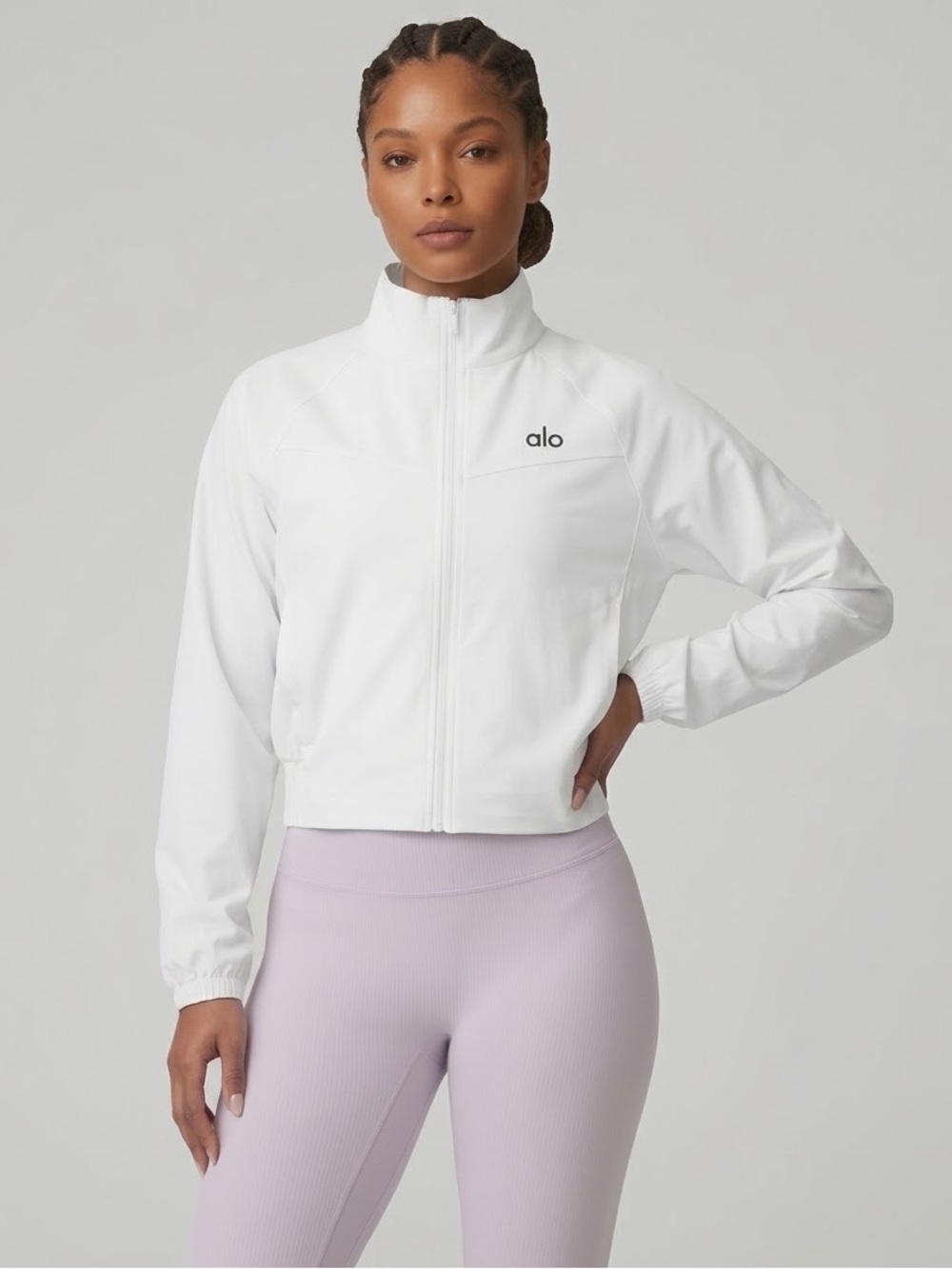 ALO Yoga White Cropped Bomber Jacket with Stand Collar